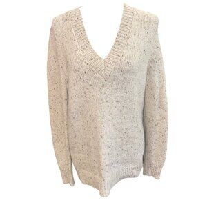 Banana Republic Women V-Neck Sweater L Speckled Wool Blend Cable Knit Fisherman